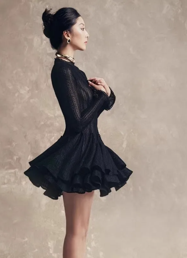 Fashion Solid Hollow Out Slimming O Neck Long Sleeve High Waist Temperament Dresses - Image 3