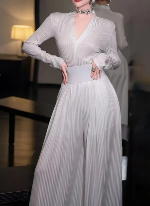 Fashion V Neck Long Sleeve Top High Waist Temperament Loose Pant Solid Two Piece Set - Image 8