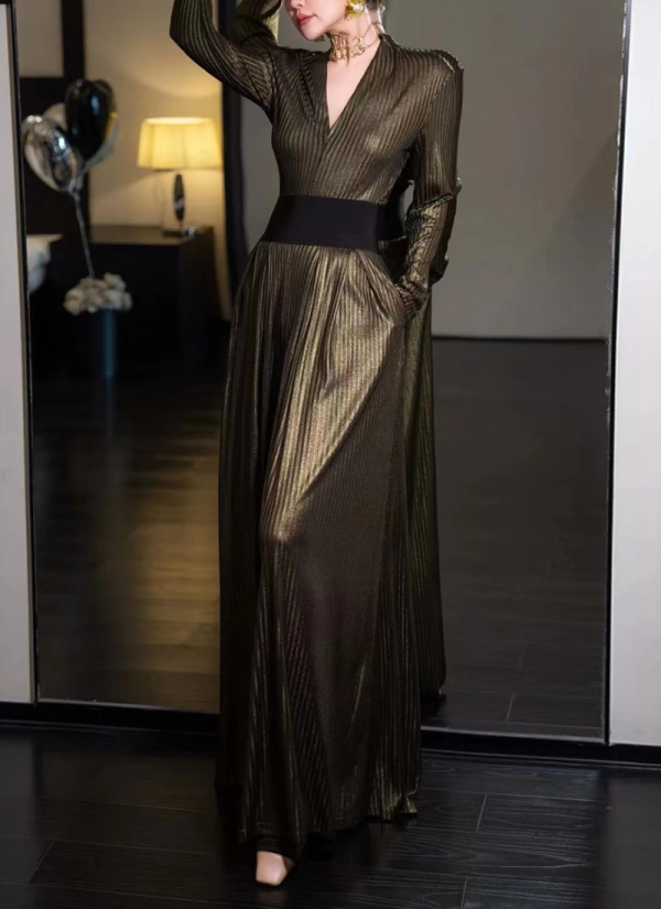 Fashion V Neck Long Sleeve Top High Waist Temperament Loose Pant Solid Two Piece Set