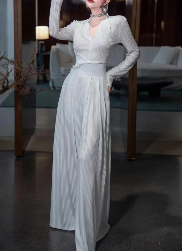 Fashion V Neck Long Sleeve Top High Waist Temperament Loose Pant Solid Two Piece Set - Image 6