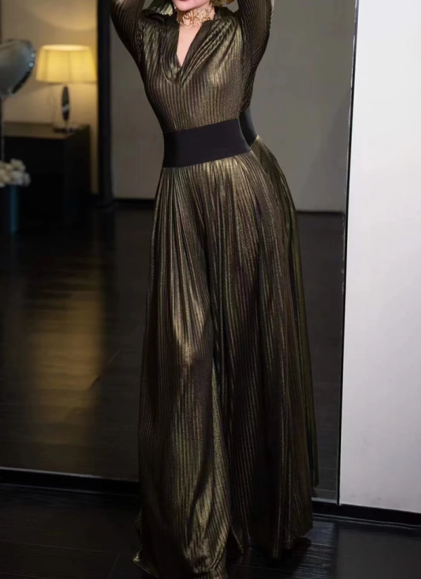 Fashion V Neck Long Sleeve Top High Waist Temperament Loose Pant Solid Two Piece Set - Image 3
