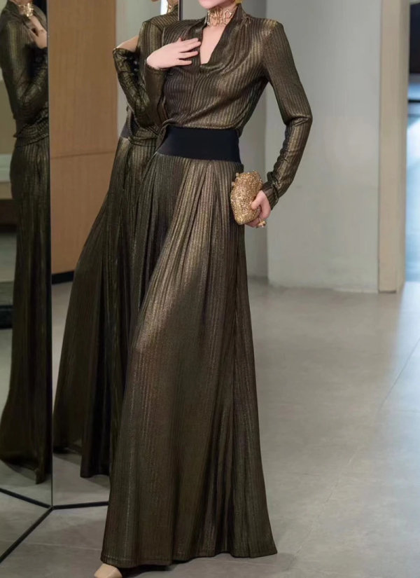 Fashion V Neck Long Sleeve Top High Waist Temperament Loose Pant Solid Two Piece Set - Image 2