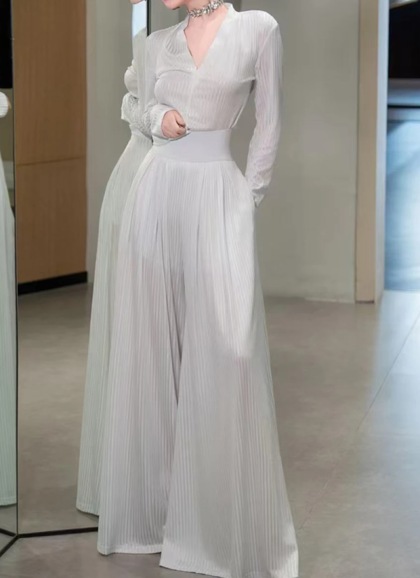 Fashion V Neck Long Sleeve Top High Waist Temperament Loose Pant Solid Two Piece Set - Image 5