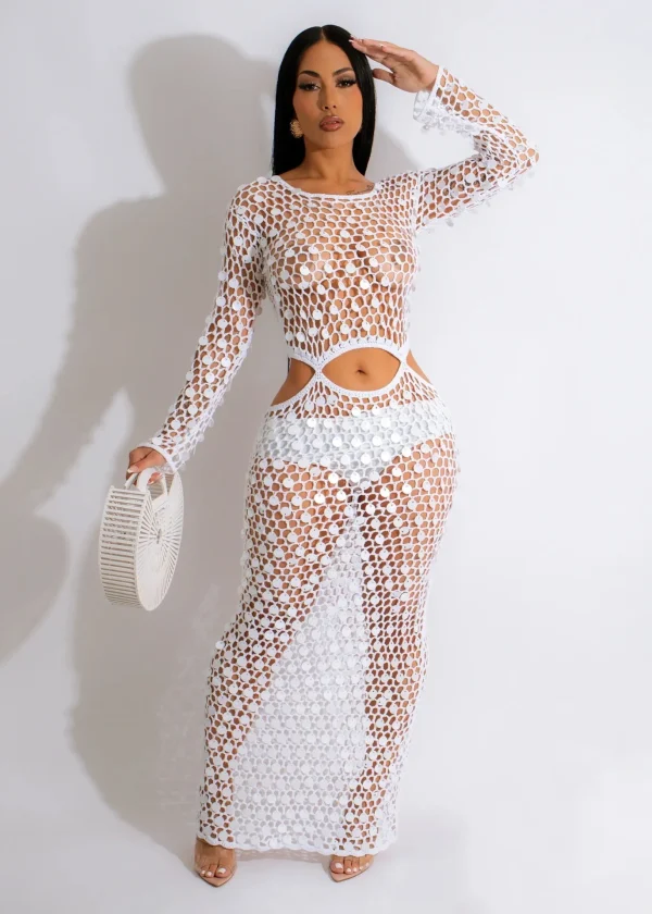 Fishnet Hollow Sequins Holiday Long Sleeve Slim Vacation Beach Maxi Knitted Dresses - Image 11