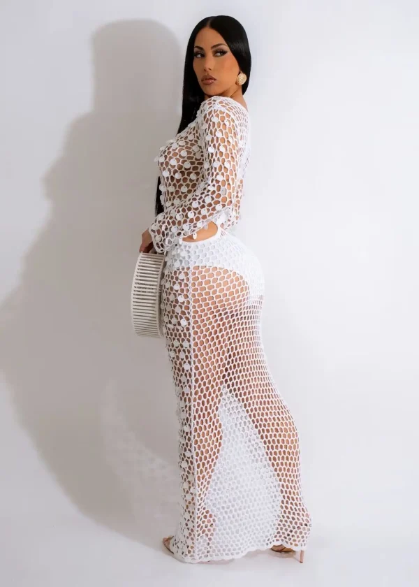 Fishnet Hollow Sequins Holiday Long Sleeve Slim Vacation Beach Maxi Knitted Dresses - Image 12