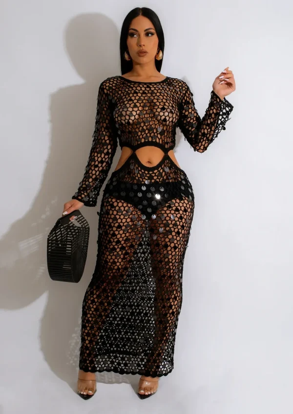 Fishnet Hollow Sequins Holiday Long Sleeve Slim Vacation Beach Maxi Knitted Dresses - Image 7