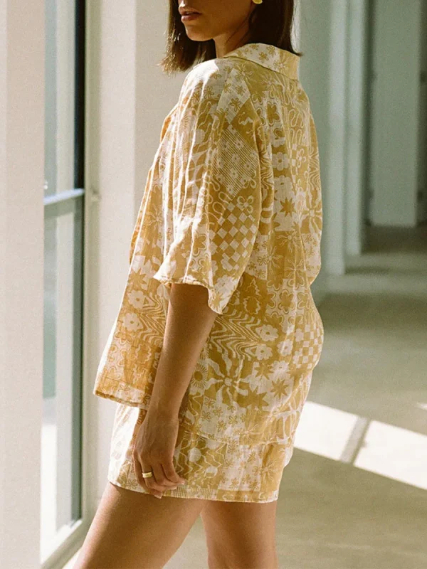 Flower Print Short Sleeve Shirt With Elastic Waist Shorts Set - Image 2