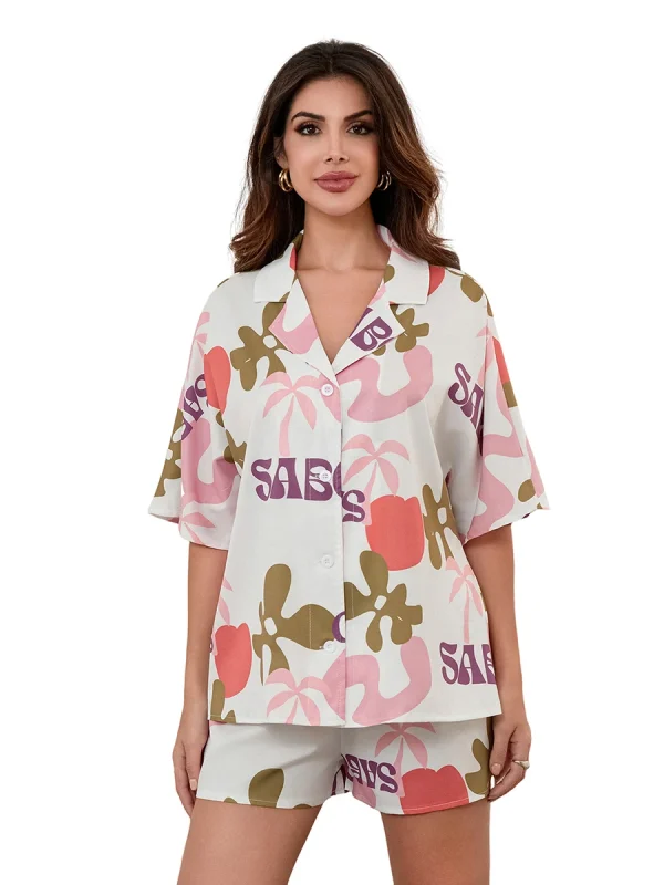 Causal Flower Print Short Sleeve Shirt Single Breasted Shorts Set - Image 6