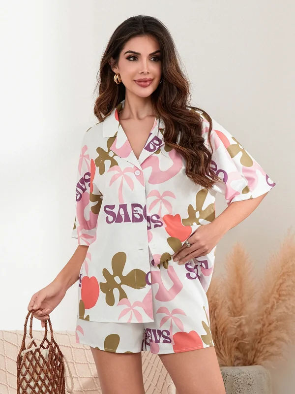 Causal Flower Print Short Sleeve Shirt Single Breasted Shorts Set - Image 3