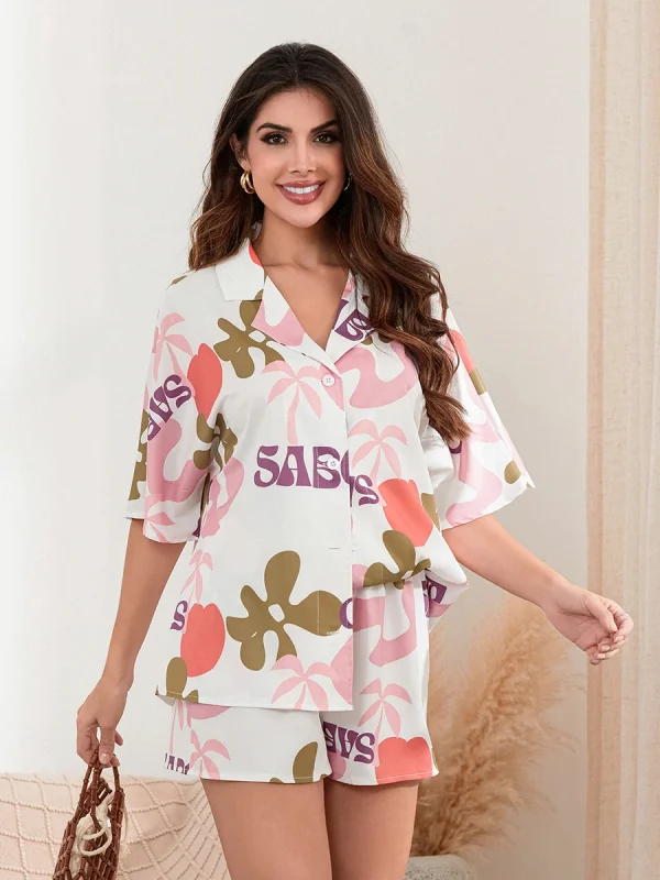 Causal Flower Print Short Sleeve Shirt Single Breasted Shorts Set