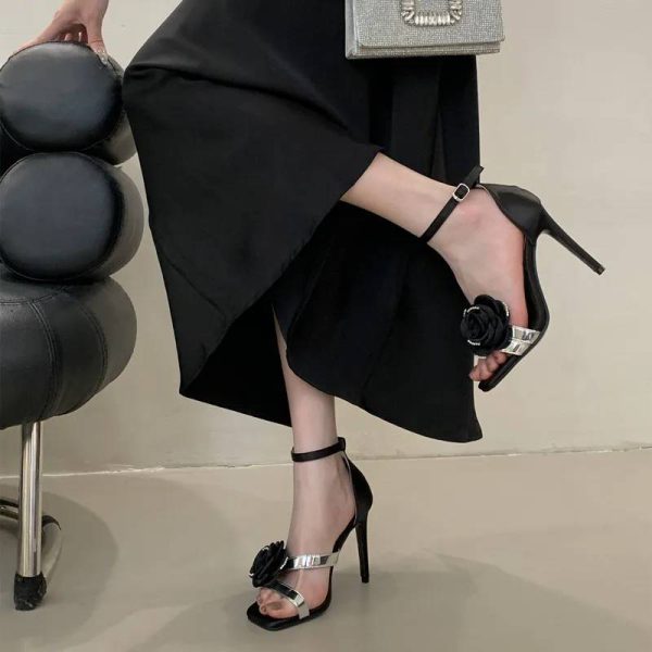 Flowers Rhinestones Square toe Gladiator Ankle Strap High Heels Sandals - Image 9