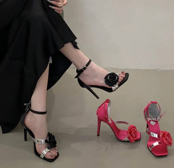 Flowers Rhinestones Square toe Gladiator Ankle Strap High Heels Sandals - Image 14