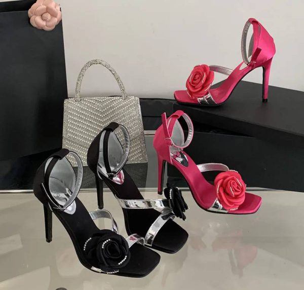 Flowers Rhinestones Square toe Gladiator Ankle Strap High Heels Sandals - Image 15
