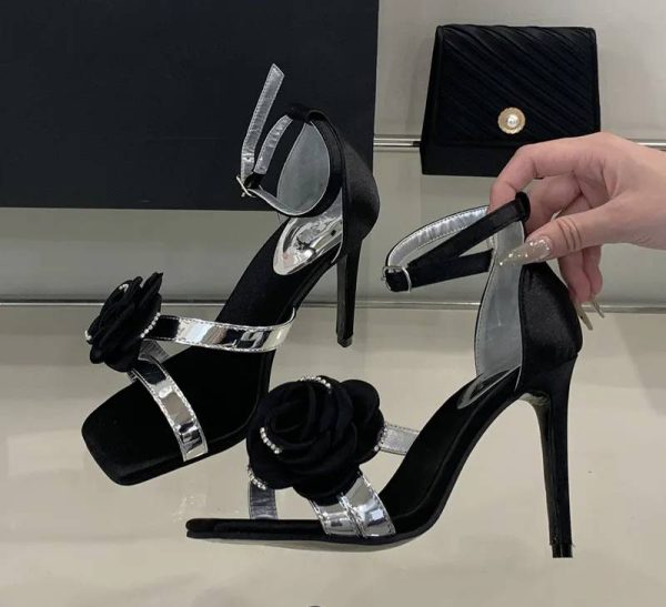 Flowers Rhinestones Square toe Gladiator Ankle Strap High Heels Sandals - Image 12