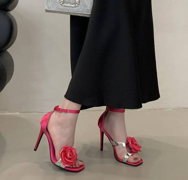 Flowers Rhinestones Square toe Gladiator Ankle Strap High Heels Sandals