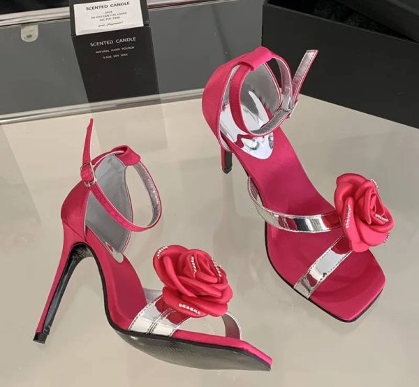 Flowers Rhinestones Square toe Gladiator Ankle Strap High Heels Sandals - Image 5