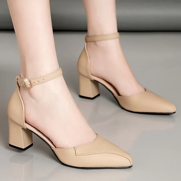 Formal Comfortable Solid Color Pointed Toe Buckle Thick High-heeled - Image 5