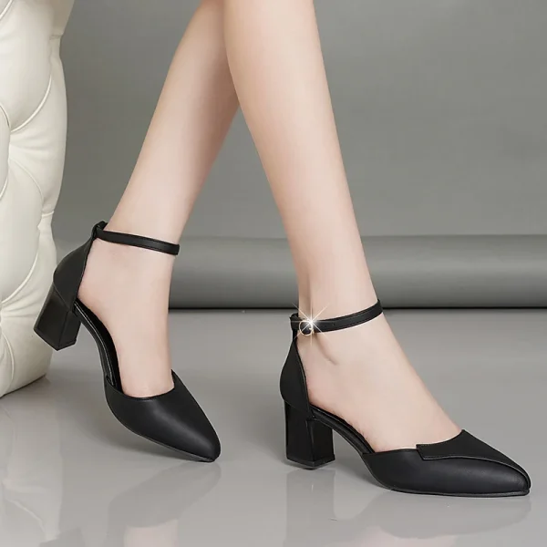Formal Comfortable Solid Color Pointed Toe Buckle Thick High-heeled - Image 3