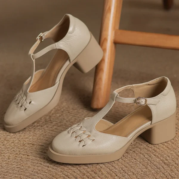 Elegant Sheepskin Narrow Band Braided T-strap Chunky Heel Platform Sandals - Image 18