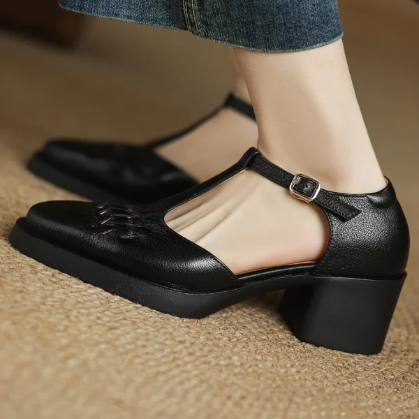 Elegant Sheepskin Narrow Band Braided T-strap Chunky Heel Platform Sandals - Image 5