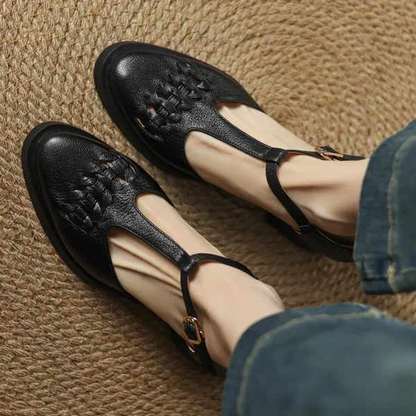 Elegant Sheepskin Narrow Band Braided T-strap Chunky Heel Platform Sandals - Image 2