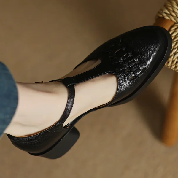 Elegant Sheepskin Narrow Band Braided T-strap Chunky Heel Platform Sandals - Image 3