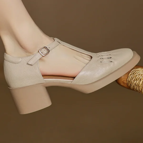 Elegant Sheepskin Narrow Band Braided T-strap Chunky Heel Platform Sandals - Image 13