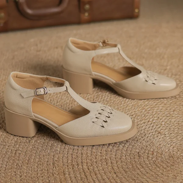 Elegant Sheepskin Narrow Band Braided T-strap Chunky Heel Platform Sandals - Image 17
