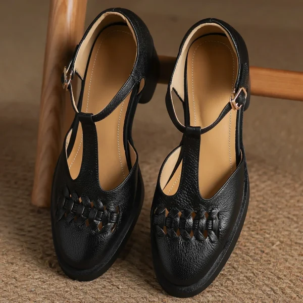 Elegant Sheepskin Narrow Band Braided T-strap Chunky Heel Platform Sandals - Image 7