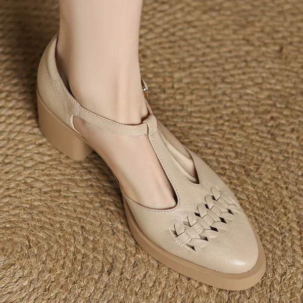 Elegant Sheepskin Narrow Band Braided T-strap Chunky Heel Platform Sandals - Image 14