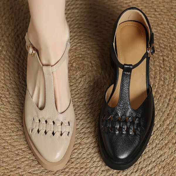 Elegant Sheepskin Narrow Band Braided T-strap Chunky Heel Platform Sandals - Image 20