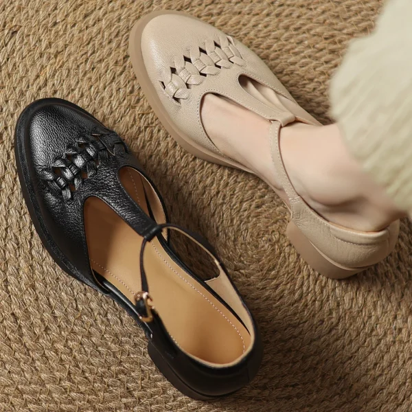 Elegant Sheepskin Narrow Band Braided T-strap Chunky Heel Platform Sandals - Image 19
