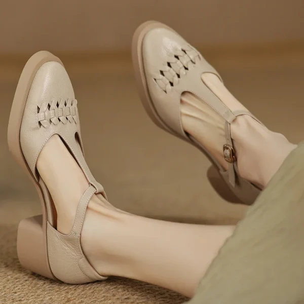 Elegant Sheepskin Narrow Band Braided T-strap Chunky Heel Platform Sandals - Image 15
