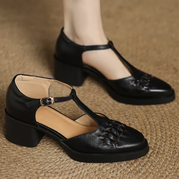 Elegant Sheepskin Narrow Band Braided T-strap Chunky Heel Platform Sandals