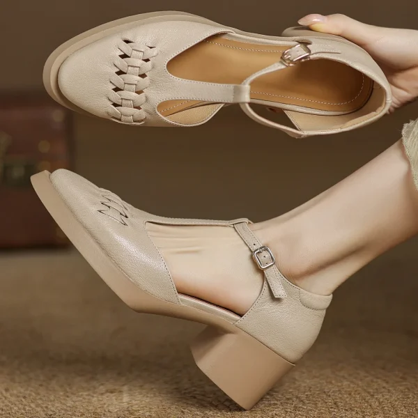 Elegant Sheepskin Narrow Band Braided T-strap Chunky Heel Platform Sandals - Image 16