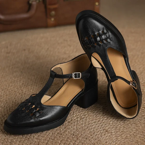 Elegant Sheepskin Narrow Band Braided T-strap Chunky Heel Platform Sandals - Image 6