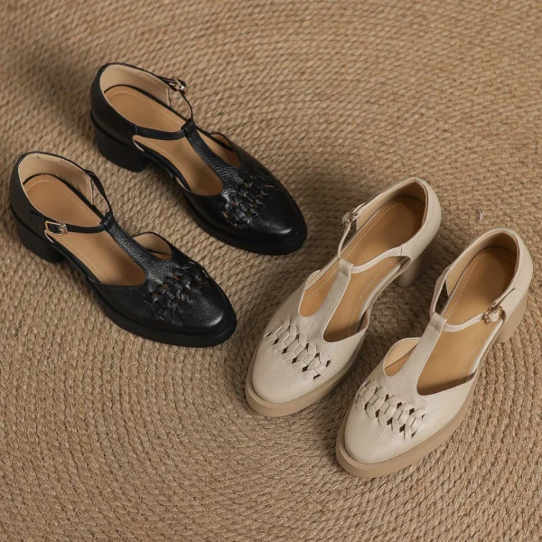 Elegant Sheepskin Narrow Band Braided T-strap Chunky Heel Platform Sandals - Image 21