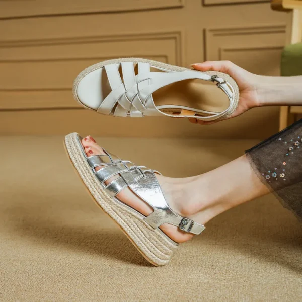 Genuine Leather Band Ankle Strap Round Toe Platform Wedge Sandals - Image 11