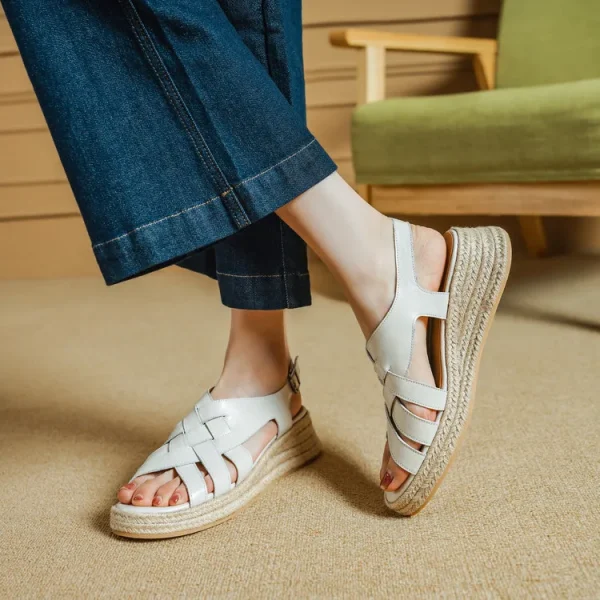 Genuine Leather Band Ankle Strap Round Toe Platform Wedge Sandals - Image 8