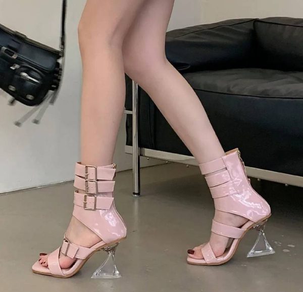 Gladiator Patent Leather Strap Buckle Transparent Crystal Square Toe High Heels Sandals - Image 3