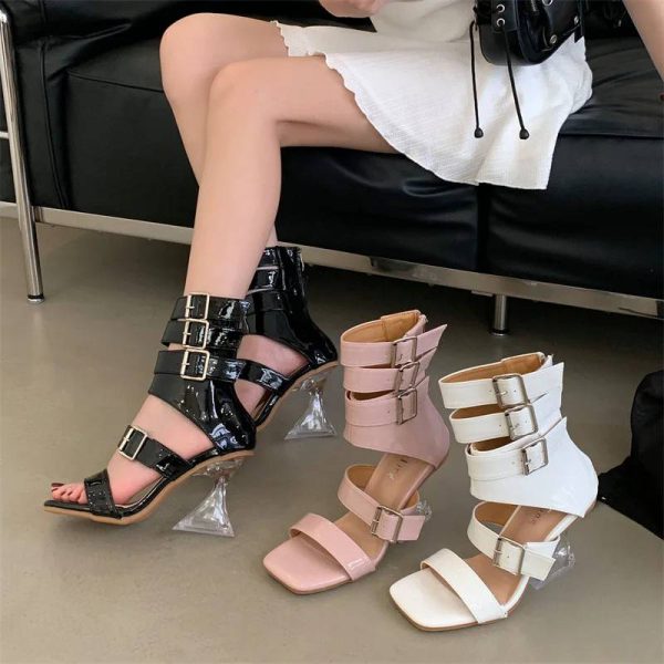 Gladiator Patent Leather Strap Buckle Transparent Crystal Square Toe High Heels Sandals - Image 15