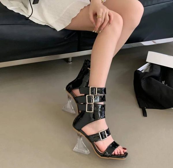 Gladiator Patent Leather Strap Buckle Transparent Crystal Square Toe High Heels Sandals - Image 10