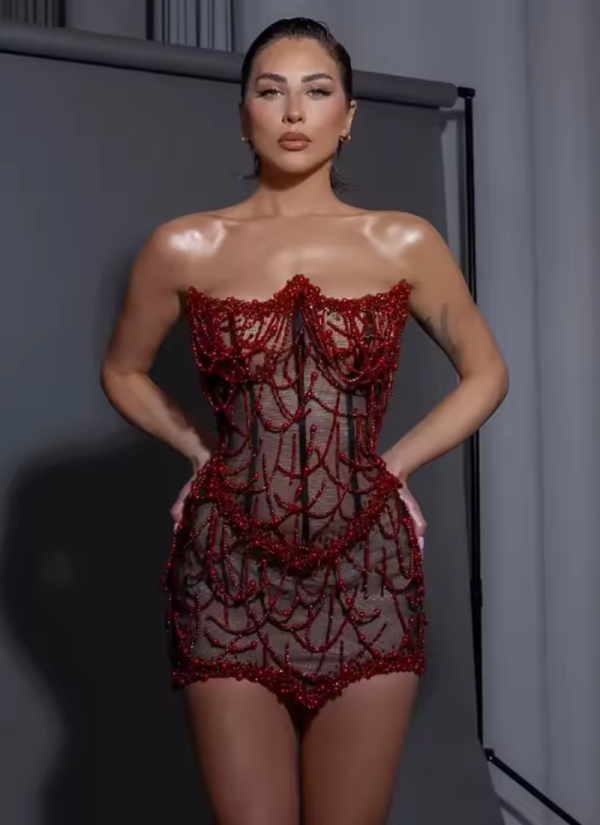 Glamorous Fashion Strapless Beaded Mesh Through Mini Dress Corset