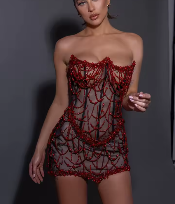 Glamorous Fashion Strapless Beaded Mesh Through Mini Dress Corset - Image 2
