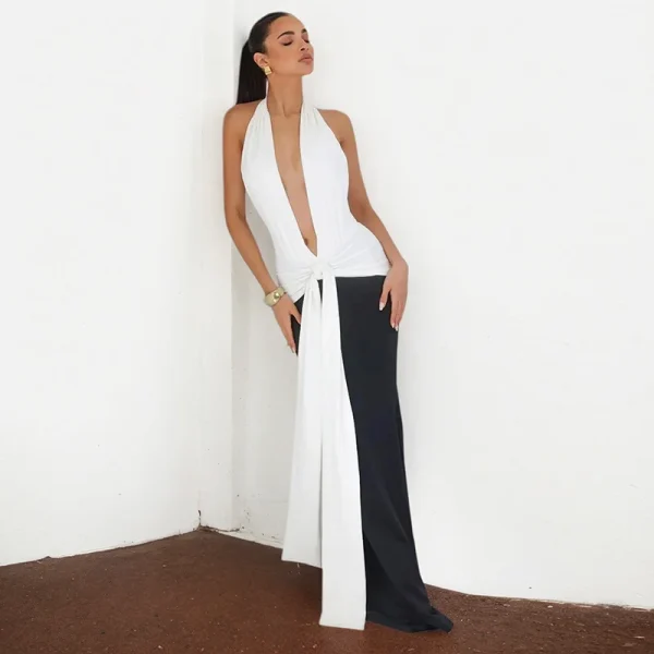 Halter Deep V Neck Patchwork Sleeveless Backless Draped Ruched Evening Club Long Dress - Image 4