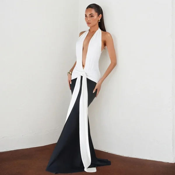 Halter Deep V Neck Patchwork Sleeveless Backless Draped Ruched Evening Club Long Dress - Image 5