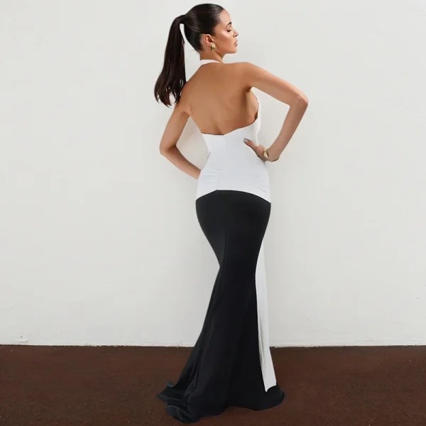 Halter Deep V Neck Patchwork Sleeveless Backless Draped Ruched Evening Club Long Dress - Image 7