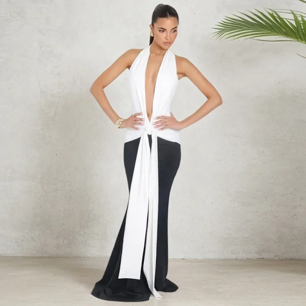Halter Deep V Neck Patchwork Sleeveless Backless Draped Ruched Evening Club Long Dress - Image 2