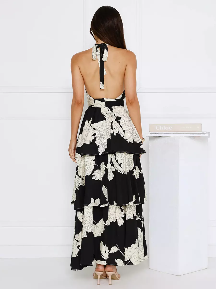 Halter Neck With Layered Skirt For Special Events Floral Maxi Dress - Image 4