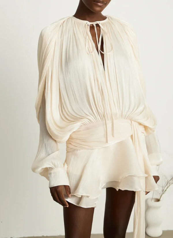 Hollow Out High Collar Slim Fit Long Sleeve Robe High Waist Pleated Party Dresses - Image 2